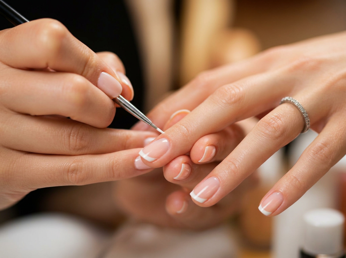 Nail technician hand-painting a white French tip line