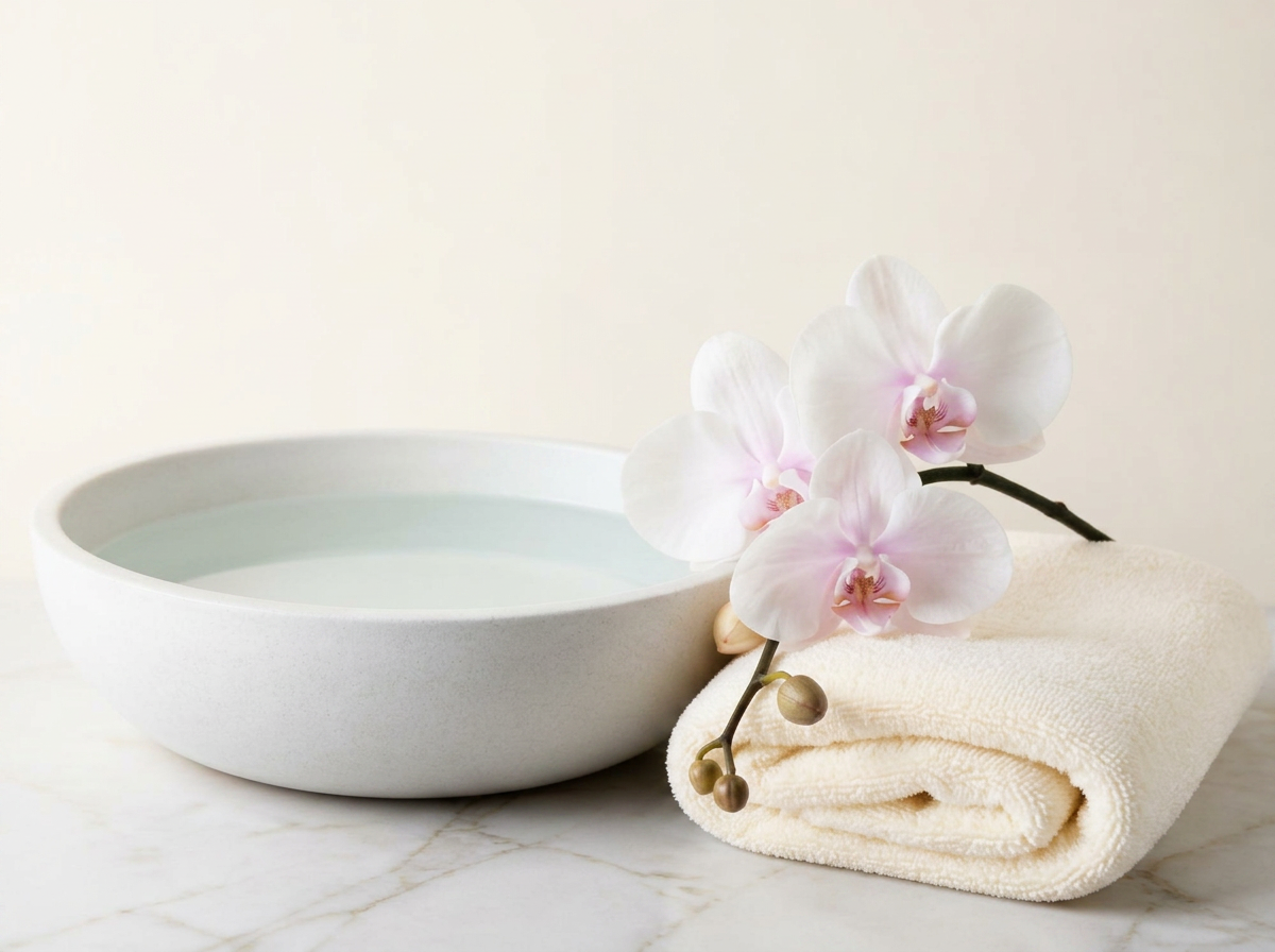 Minimal spa still life with pedicure bowl, towel and orchid