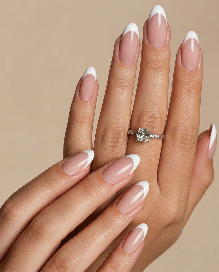 Hands with almond-shaped white French tip manicure
